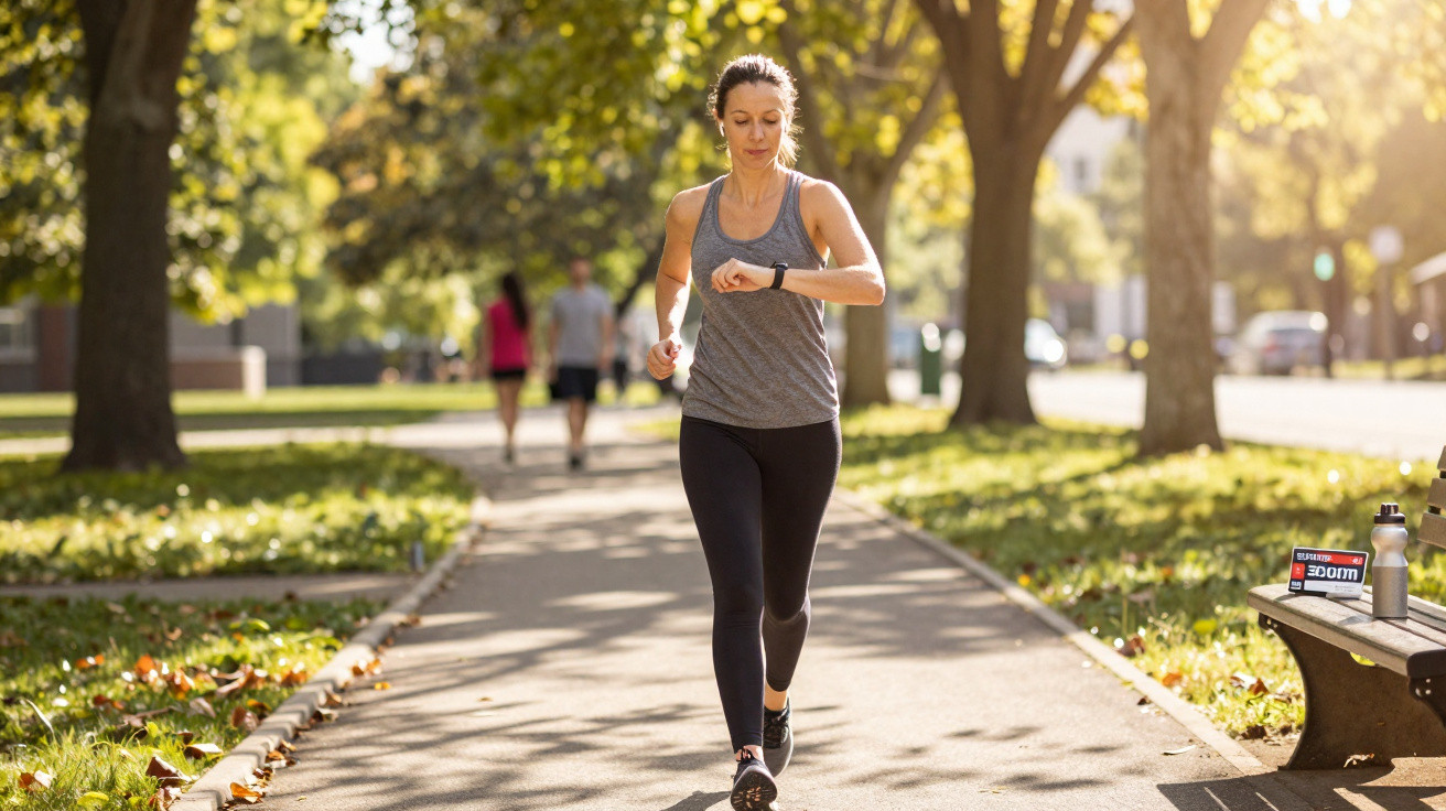 Frau joggt im Park an einem sonnigen Tag und schaut auf ihre Sportuhr.