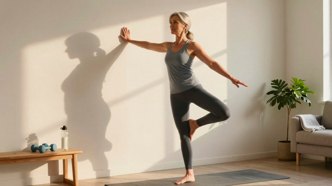 Frau mittleren Alters macht Yoga in einem hellen Raum, stützt sich mit einer Hand an der Wand ab.