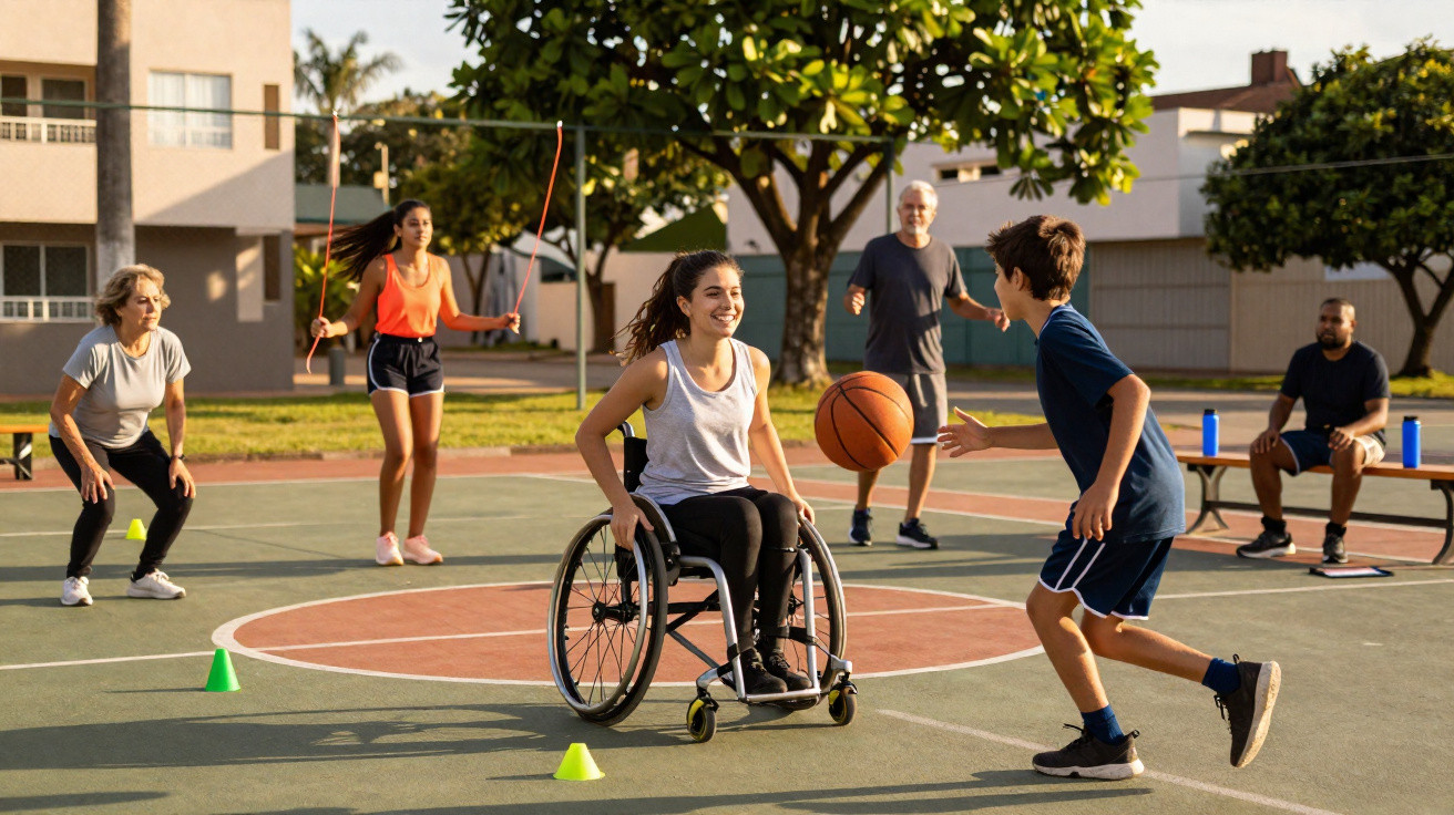 Junge Frau im Rollstuhl spielt Basketball mit Jungen, weitere Personen trainieren auf dem Sportplatz im Freien.