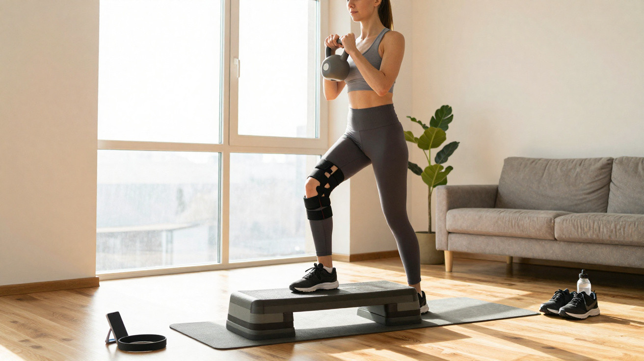 Frau mit Kniebandage trainiert mit Kettlebell auf Stepper in hellem Wohnzimmer mit Sofa und Pflanze.
