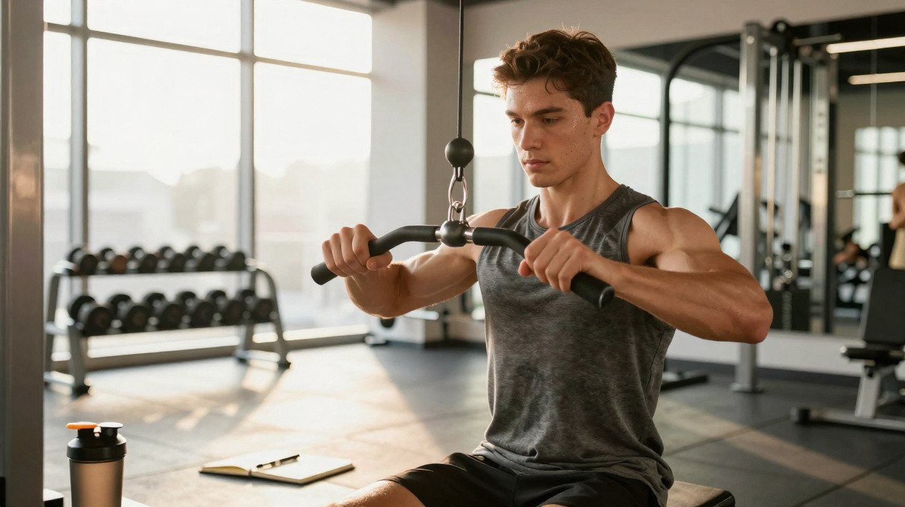 Junger Mann trainiert Latziehen an einer Kabelzugmaschine im hellen Fitnessstudio.