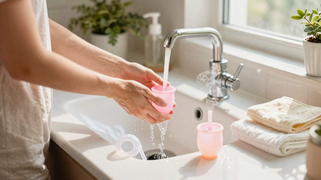 Person wäscht wiederverwendbaren Menstruationsbecher unter fließendem Wasser am Waschbecken im Bad.