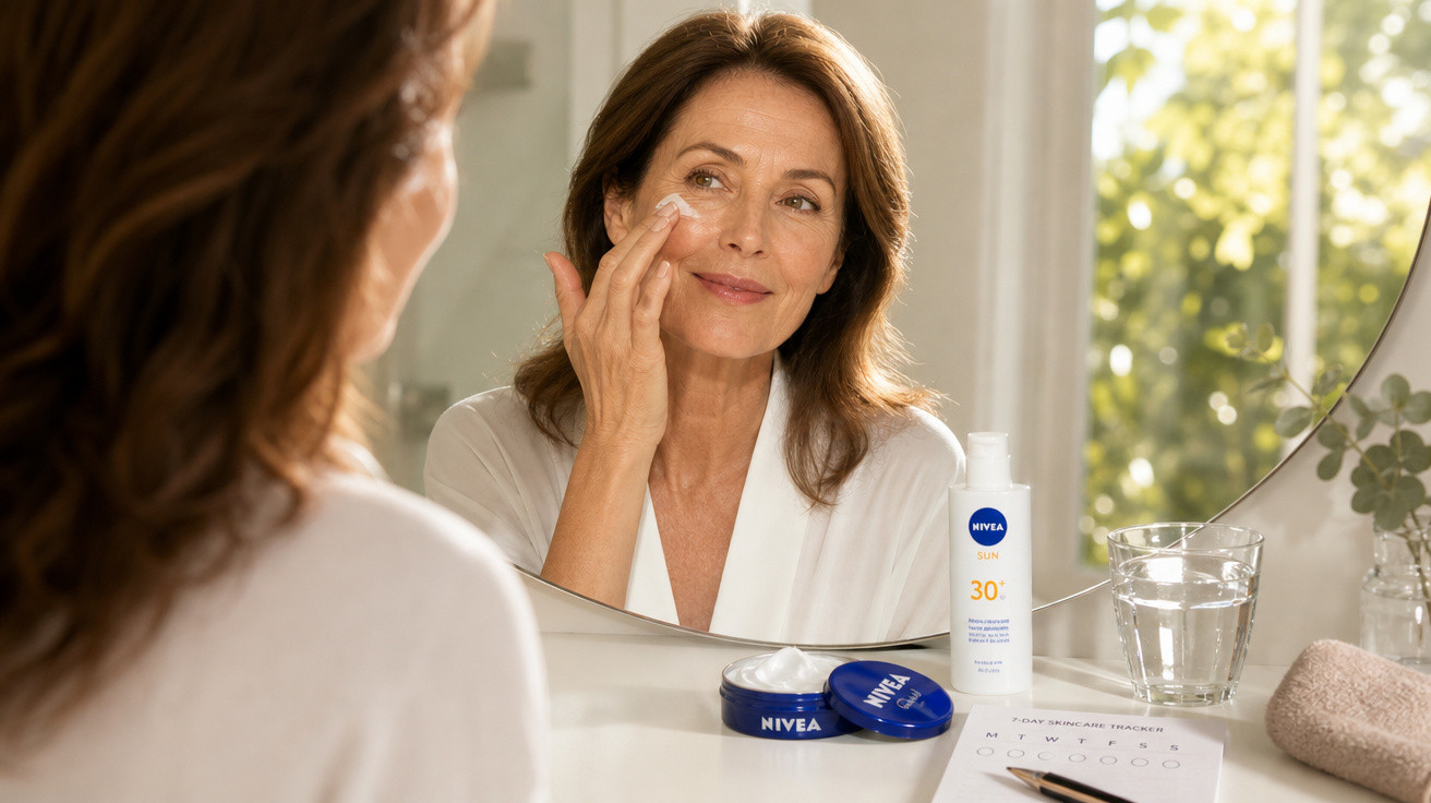 Frau trägt Sonnencreme im Bad auf, auf dem Tisch stehen Nivea Creme und Sonnenmilch mit Licht von draußen.