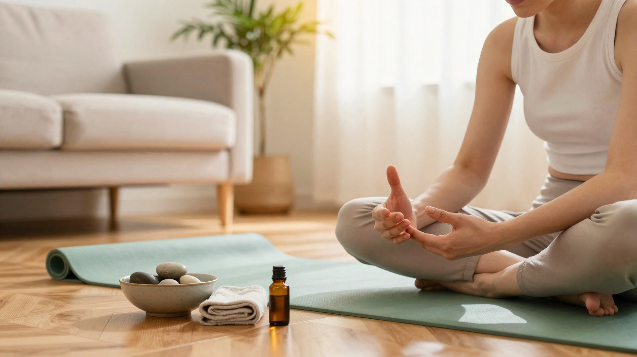 Frau sitzt auf Yogamatte im Schneidersitz, neben ätherischem Öl, Tuch und Schale mit Steinen im Wohnzimmer.