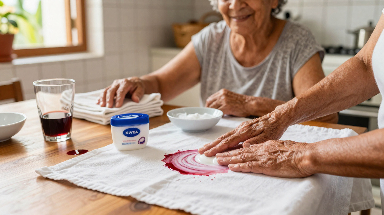 Ältere Frau reinigt roten Rotweinfleck auf weißem Tuch mit Nivea Creme und Händen am Holztisch.