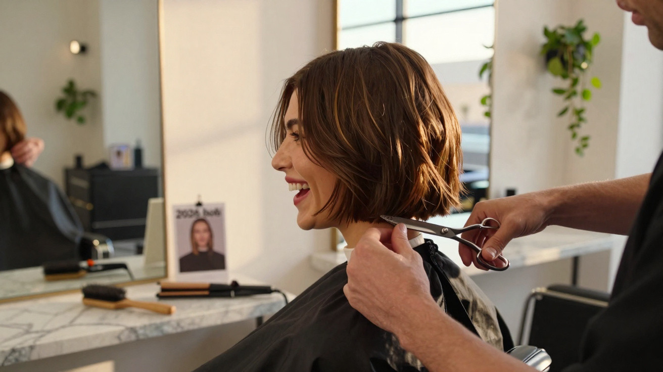 Frau mit kurzen braunen Haaren bekommt einen Haarschnitt im modernen Friseursalon, sie lächelt.