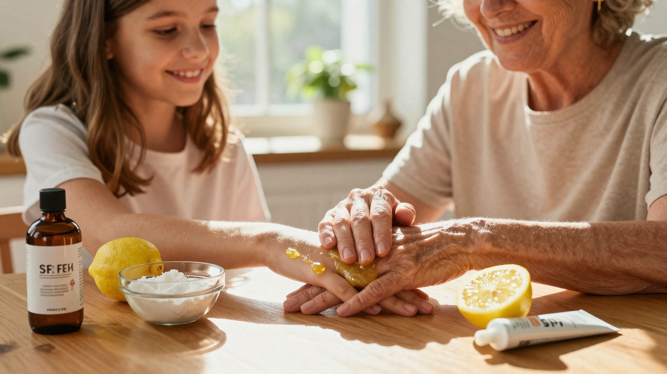 Junges Mädchen trägt gemeinsam mit älterer Frau eine natürliche Handcreme am Tisch auf.