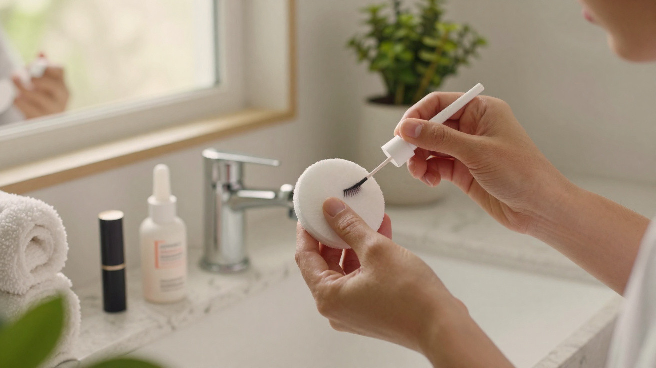 Person trägt Wimperntusche auf Wattepads vor Badezimmerwaschbecken mit Handtüchern und Pflanzen auf der Arbeitsplatte auf.