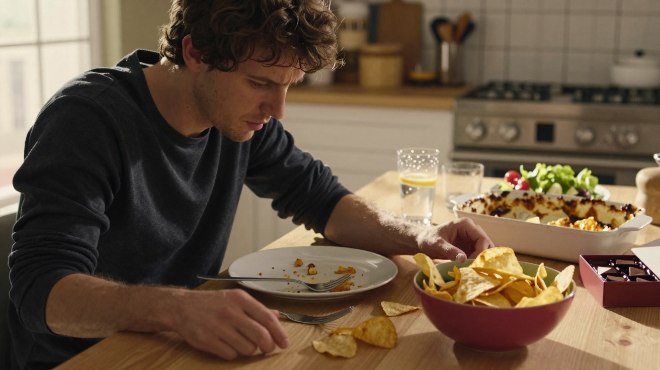 Junger Mann sitzt an Küchentisch und isst Tortilla-Chips aus einer Schüssel, Essen und Getränke auf dem Tisch.
