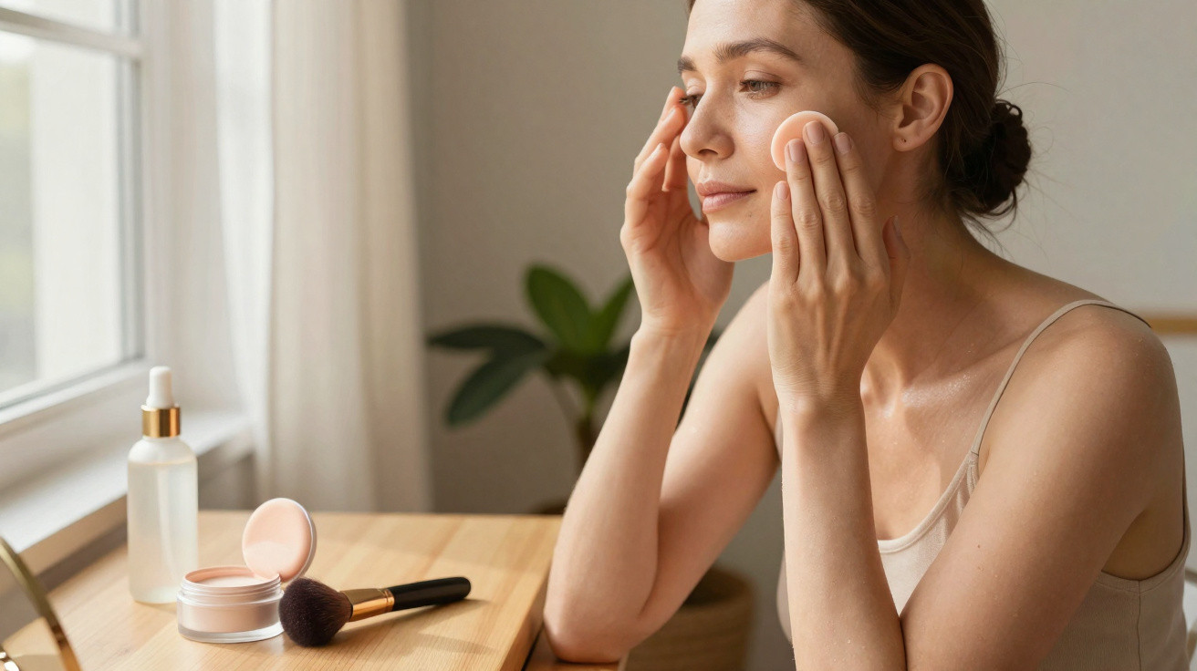 Frau trägt Make-up mit Schwämmchen auf, sitzt am Tisch mit Kosmetik und Pinsel vor Fenster.
