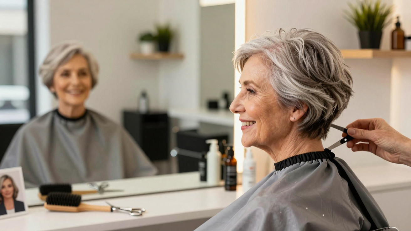 Ältere Frau mit grauen Haaren lächelt beim Friseurbesuch, während Haare am Nacken geschnitten werden.