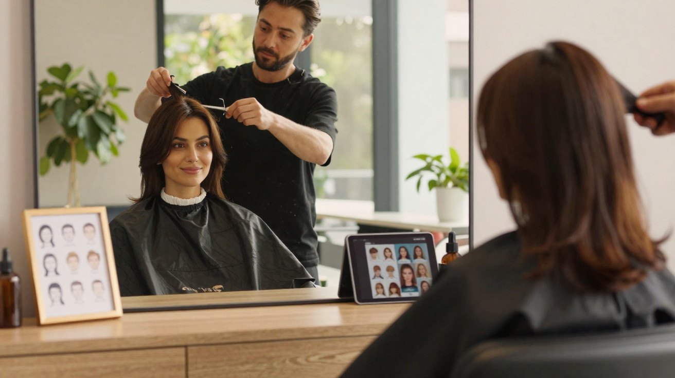 Friseursalon: Mann schneidet einer Frau Haare, sie sitzt mit Umhang vor großem Spiegel.