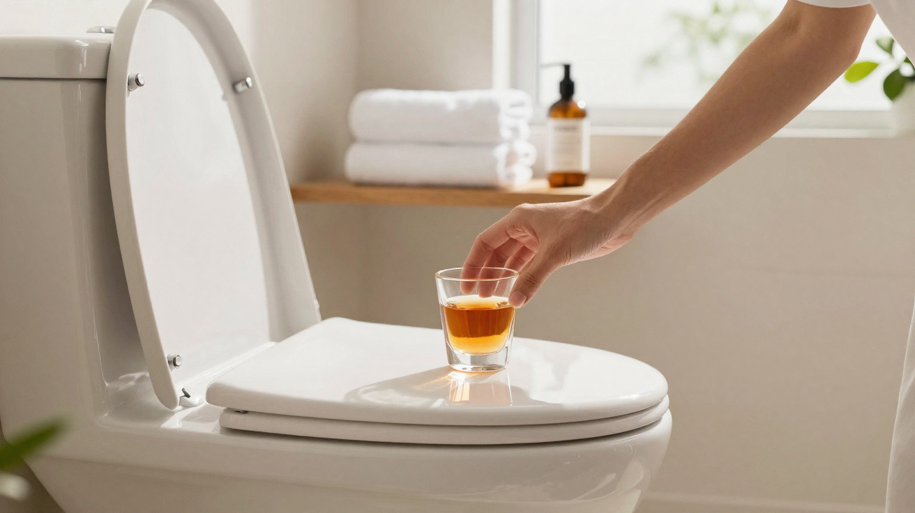 Hand stellt ein Glas mit Flüssigkeit auf den geschlossenen WC-Deckel in einem hellen Badezimmer.