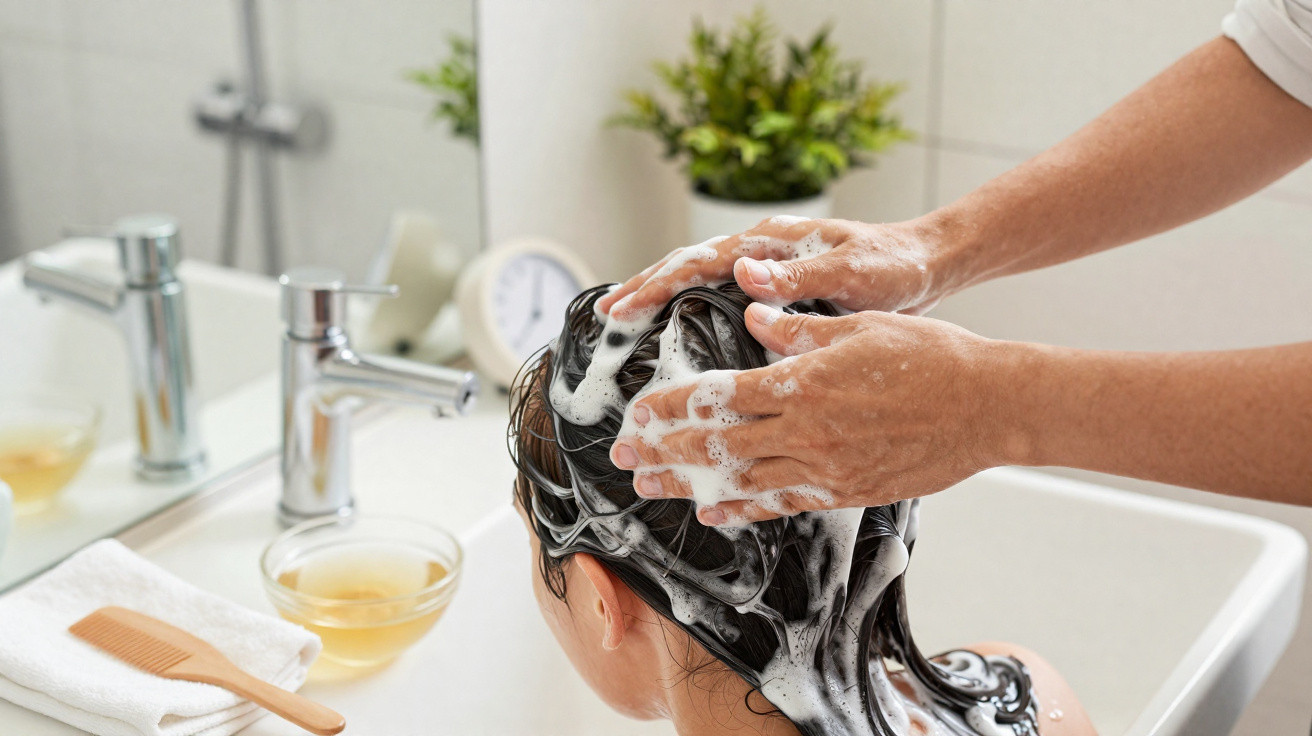 Person wäscht Haare einer anderen am Waschbecken, Haare sind schaumig und nass, Badezimmer im Hintergrund.