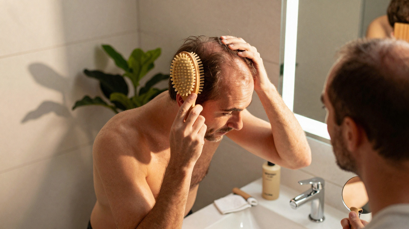 Mann mit lichtem Haar kämmt sich vor dem Badezimmer-Spiegel und hält eine Holzbürste.