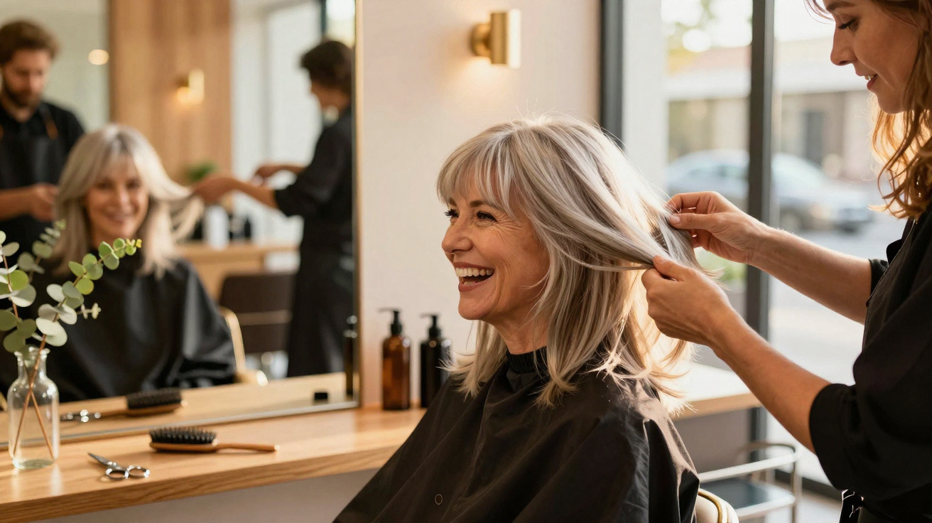 Ältere Frau lächelt im Friseursalon, während Friseurin ihr Haare stylt.