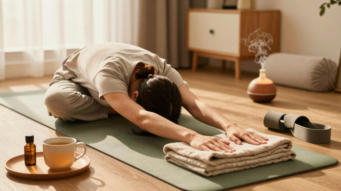 Frau macht Yoga-Dehnübung auf Matte in hellem Raum mit Duftlampe, Teetasse und Yogagurt neben ihr.