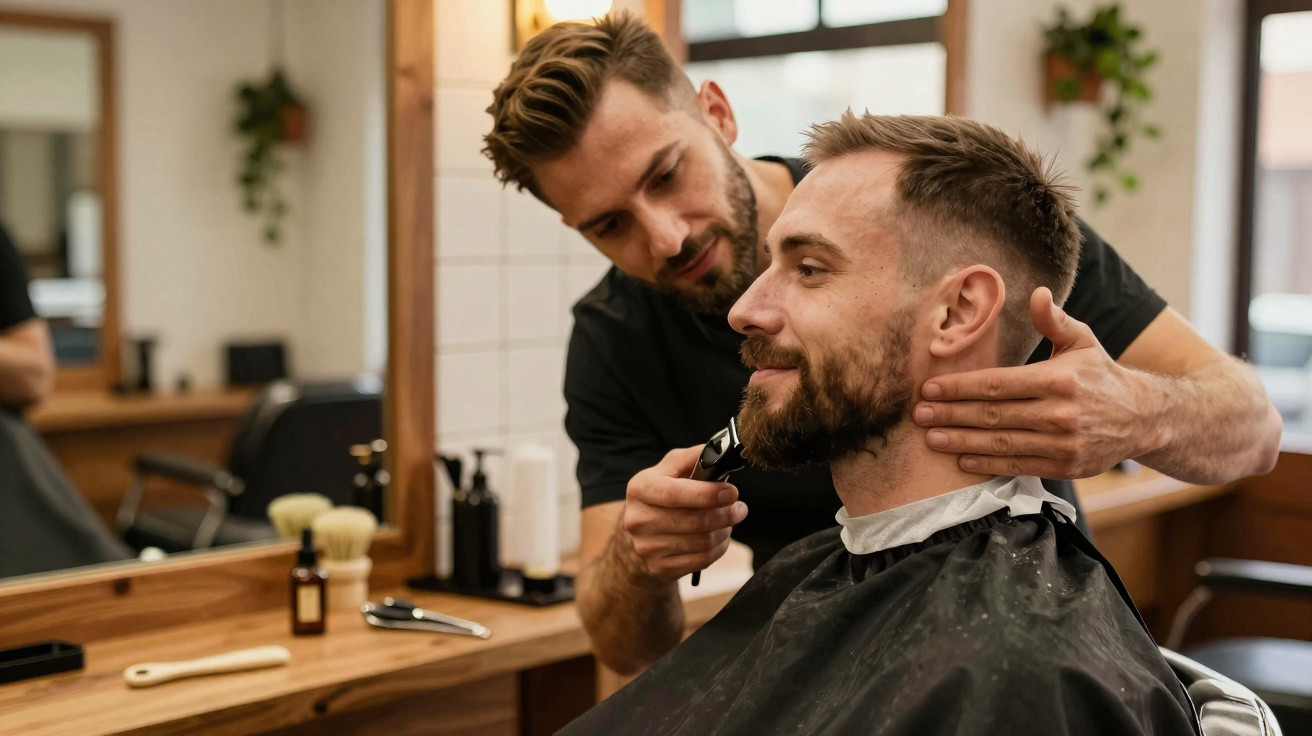 Barbier trimmt im Friseursalon den Bart eines lächelnden Mannes mit Haarschneidemaschine.