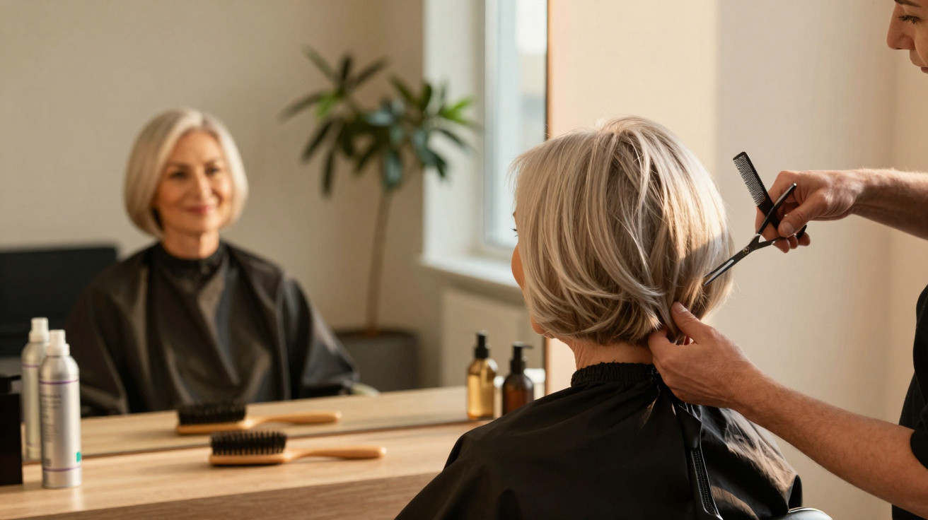 Frau mit kurzem grauem Haar bekommt Haarschnitt von Frisör im Salon vor Spiegel und Holztisch.