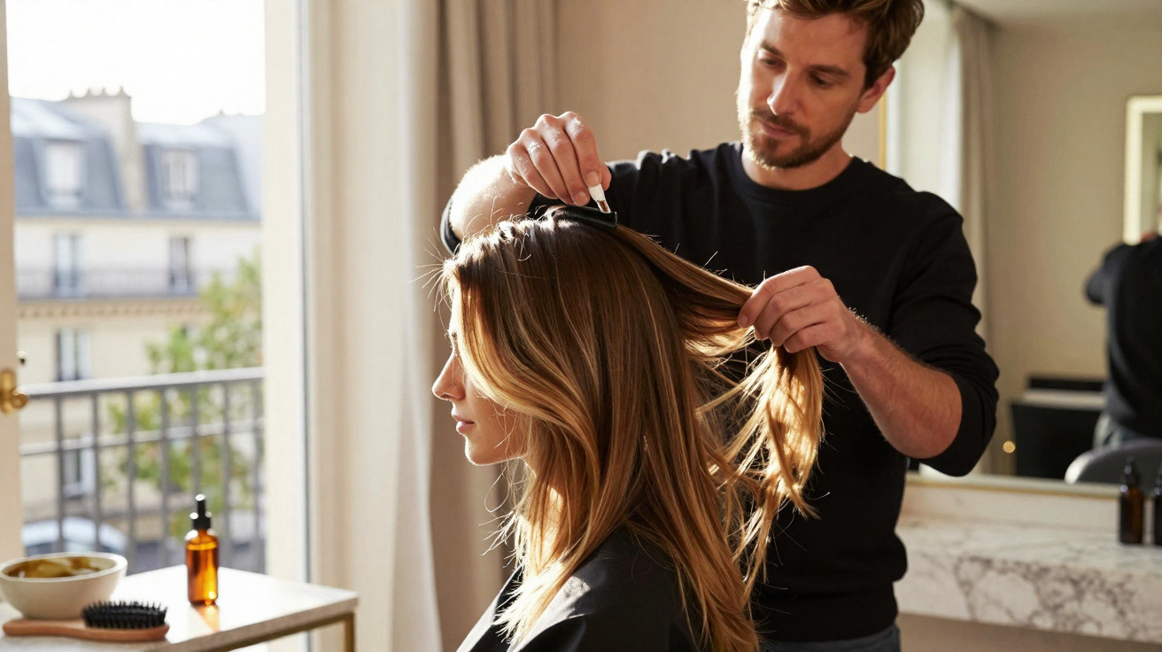 Friseur stylt die langen Haare einer Frau in sonnendurchflutetem Raum mit Balkon.