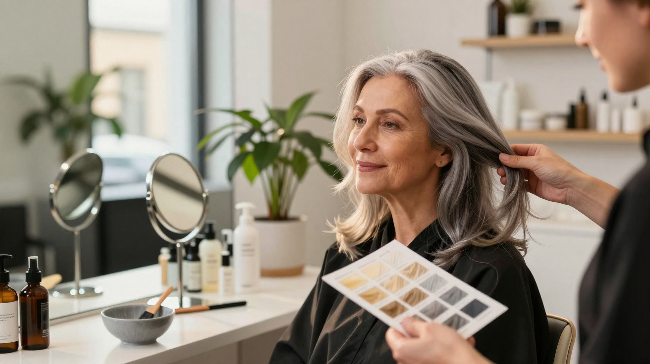Ältere Frau im Friseursalon, während Stylistin Haarfarbe-Auswahl präsentiert und ihre grauen Haare begutachtet.