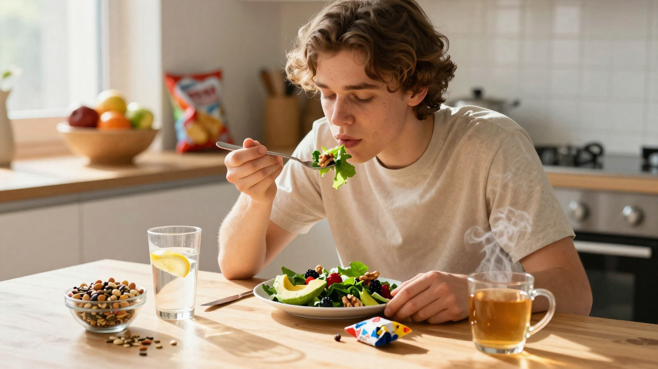 Junger Mann isst einen Salat in der Küche, mit Glas Wasser, Nüssen und dampfendem Tee auf dem Tisch.
