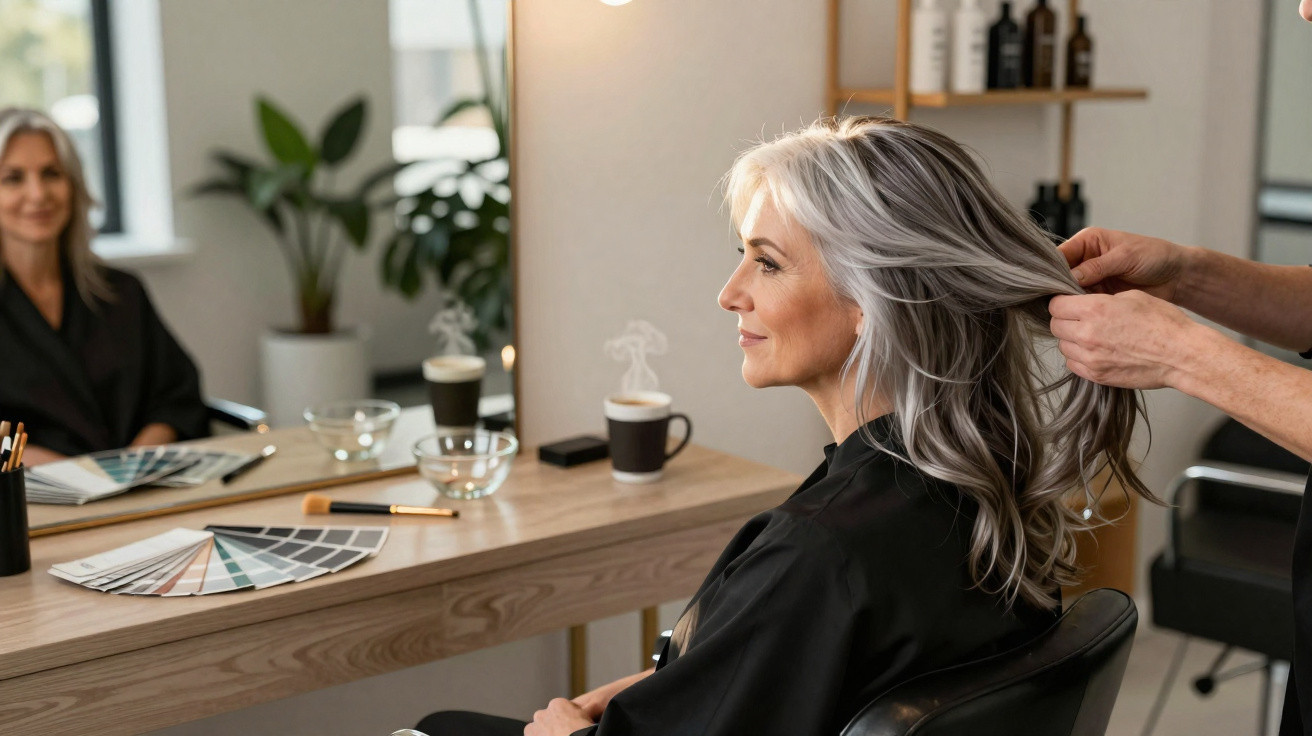 Ältere Frau sitzt im Friseursalon, Friseur stylt ihre grauen Haare, Spiegel und Farbfächer auf dem Tisch.
