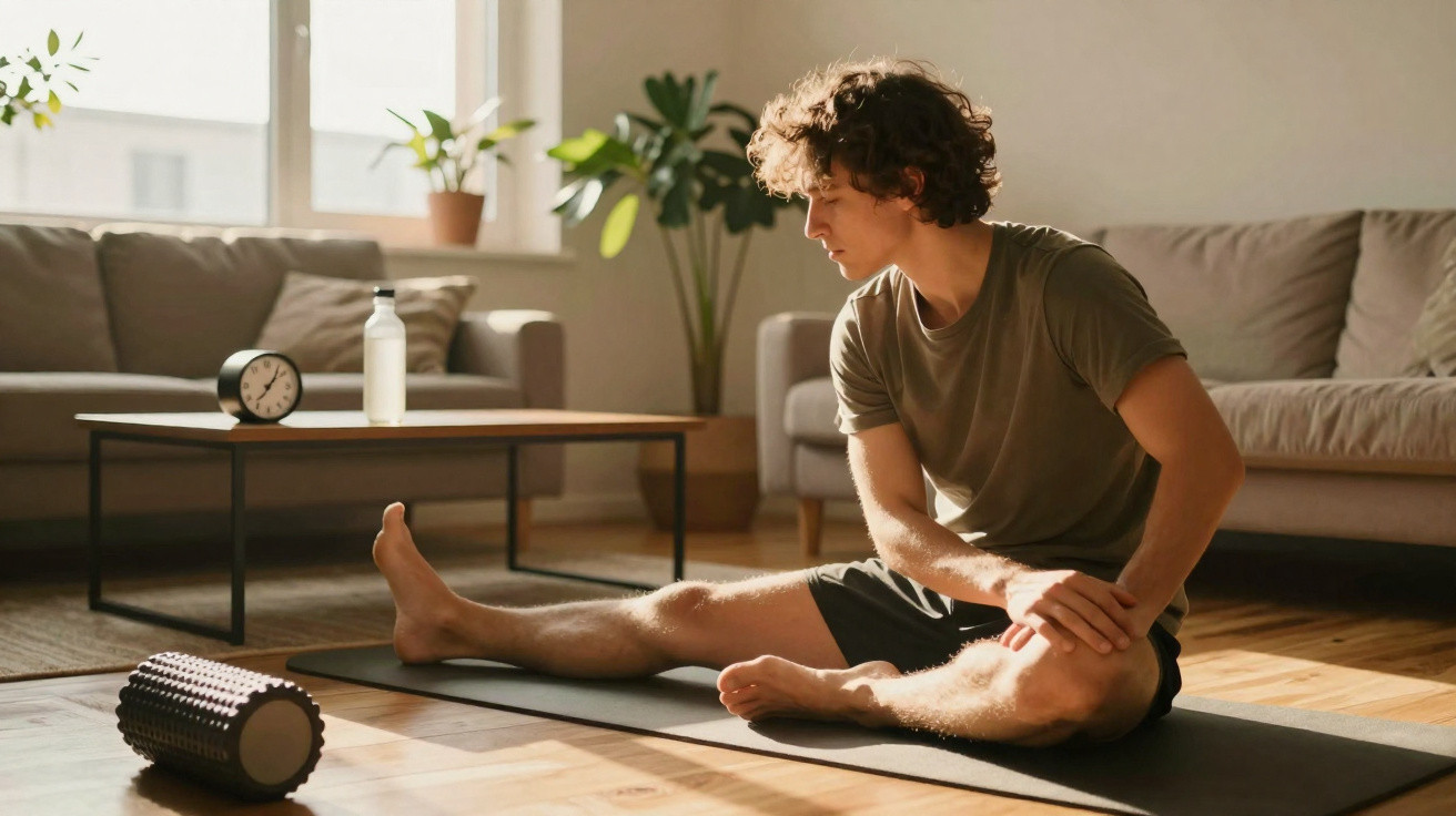Junger Mann dehnt sich auf Yogamatte im Wohnzimmer mit Faszienrolle und Wasserflasche im Hintergrund.