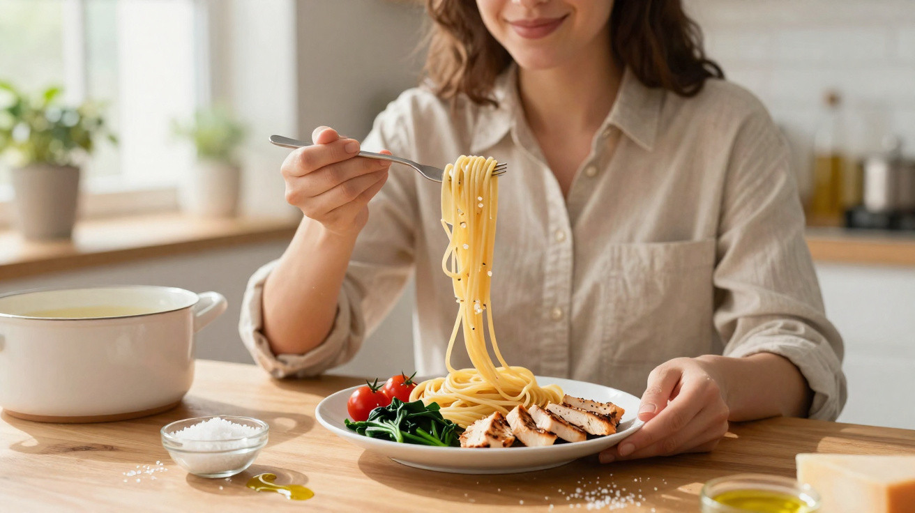 Frau hebt Spaghetti mit Gabel, auf Teller Gemüse und Hähnchen, helle Küche im Hintergrund.