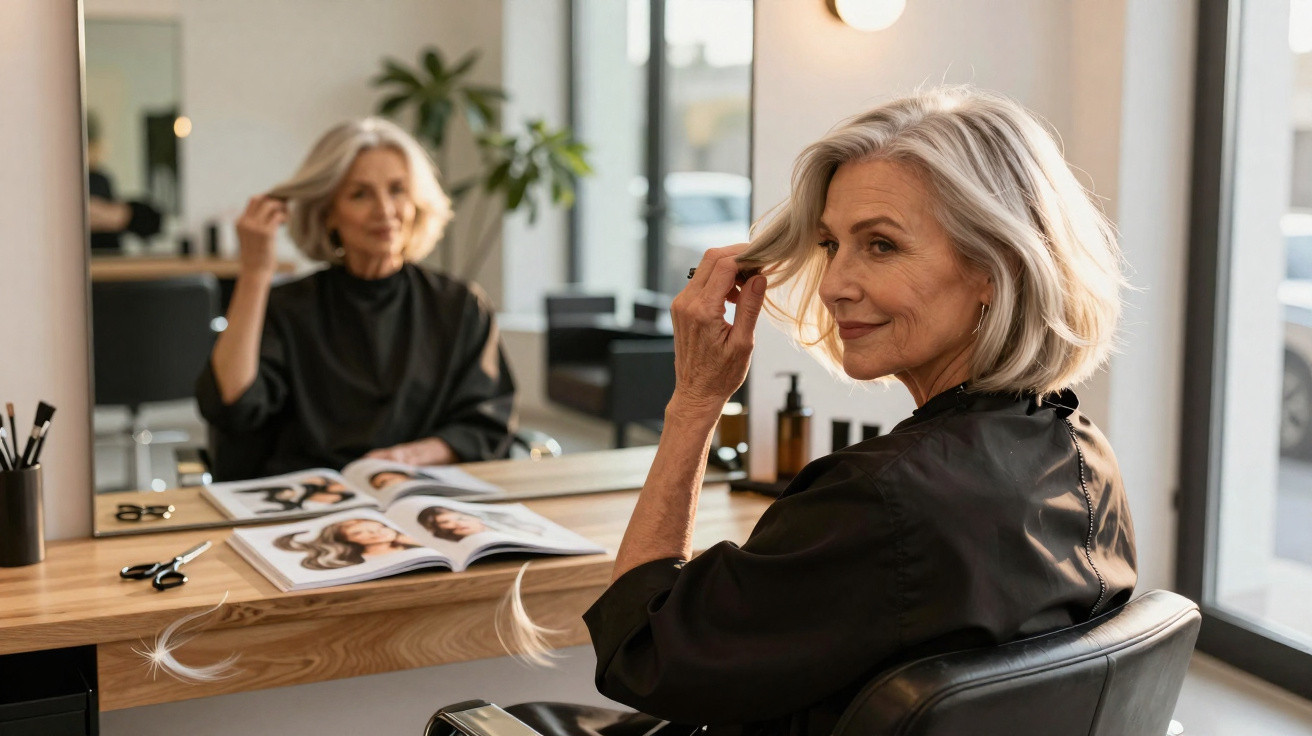 Ältere Frau im Friseursalon betrachtet zufrieden ihr Haar im Spiegel, umgeben von Friseurwerkzeugen.