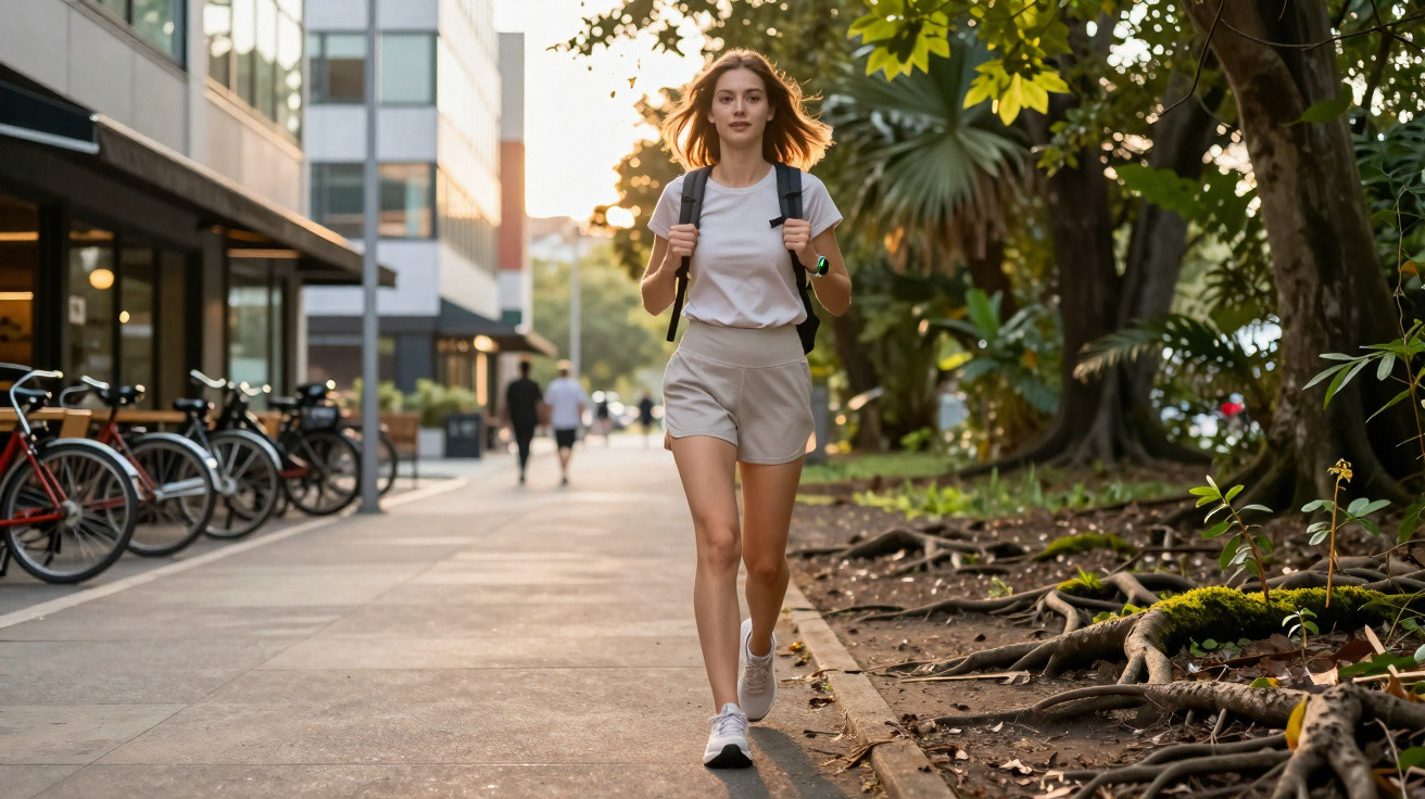 Junge Frau mit Rucksack geht auf einem städtischen Gehweg entlang, umgeben von Bäumen und Fahrrädern.