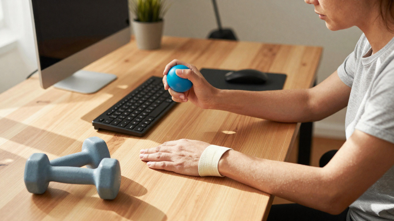 Frau entspannt Hand mit Stressball am Schreibtisch neben Tastatur und Hanteln im Homeoffice.