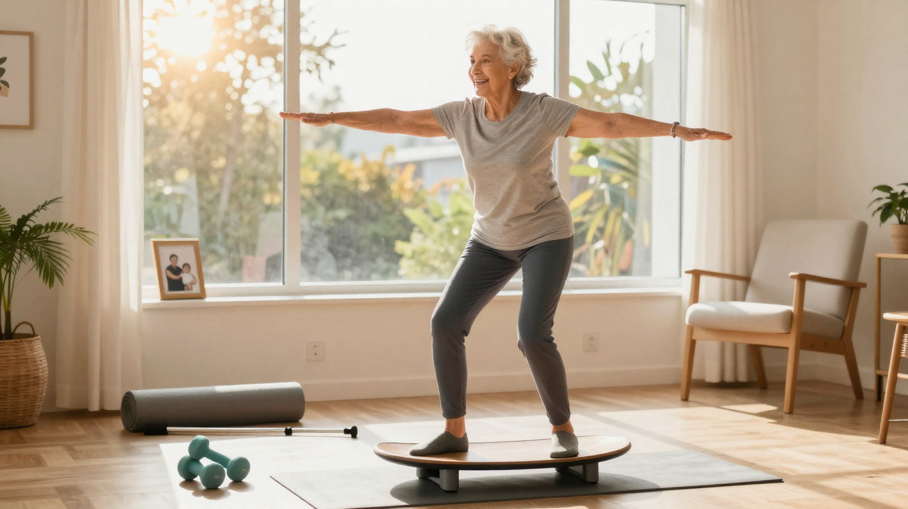 Ältere Frau macht Balanced Board-Übung im hellen Wohnzimmer mit Trainingsmatte und Hanteln.