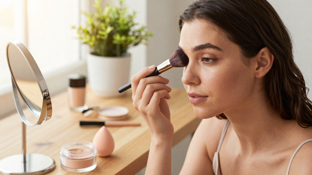 Frau trägt Make-up mit Pinsel vor einem Spiegel an einem Holztisch mit Kosmetikprodukten auf.