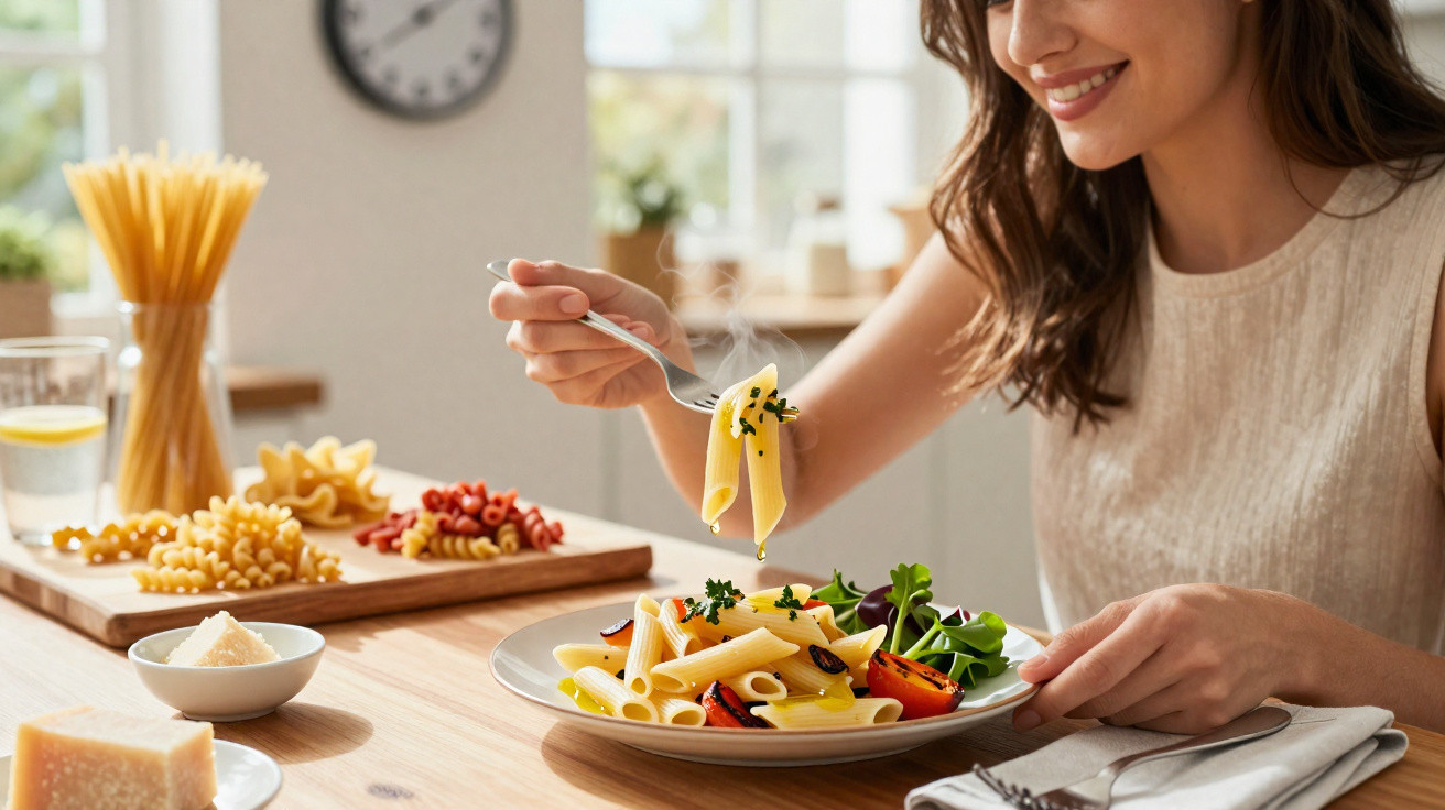 Frau isst dampfende Penne mit Gemüse und Salat an hellem Holztisch mit verschiedenen Nudelsorten.