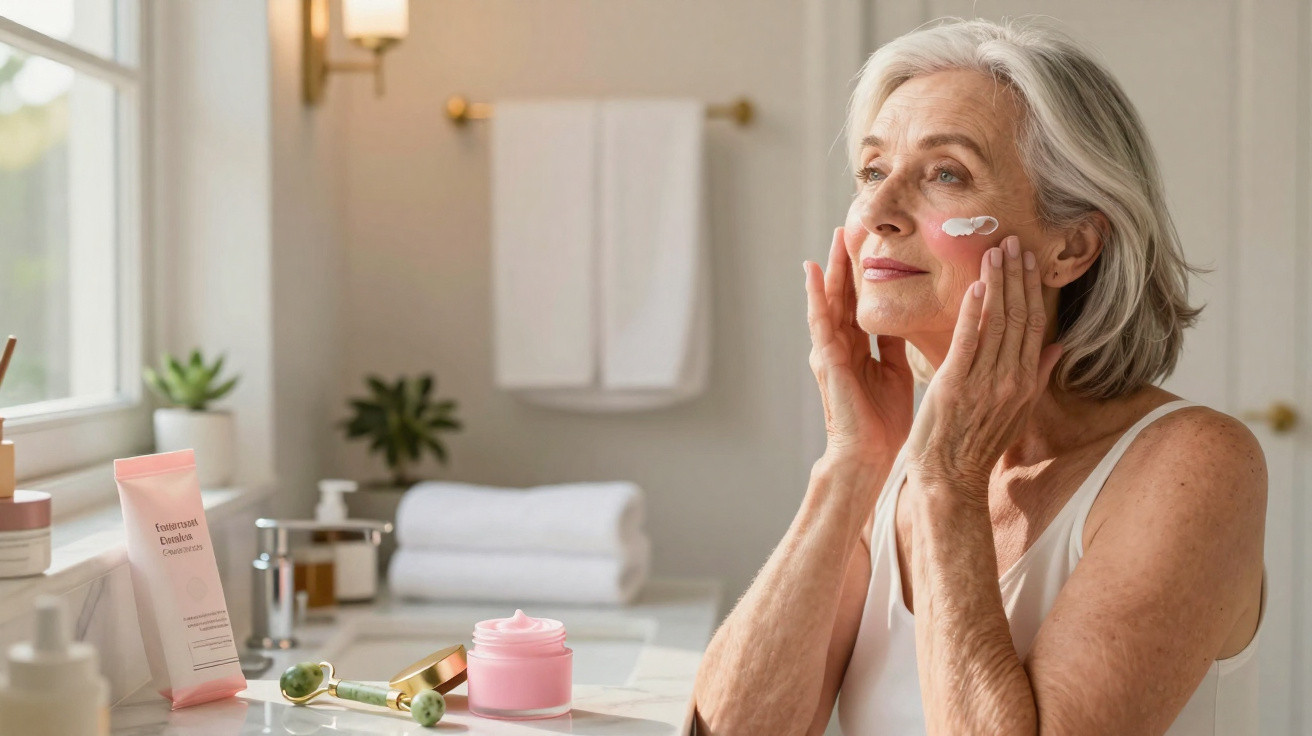 Ältere Frau trägt Gesichtspflegecreme im hellen Badezimmer auf ihre Wangen auf.