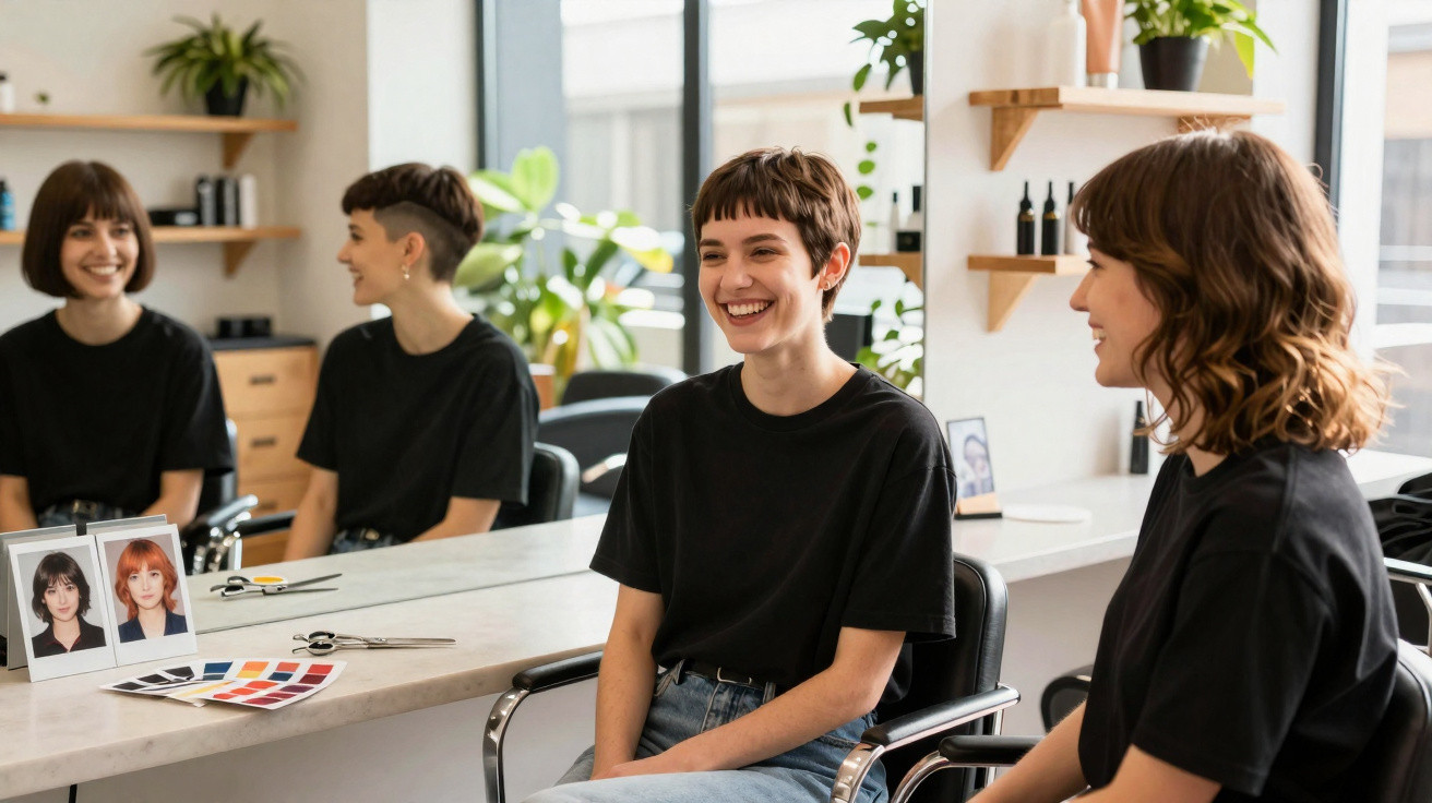 Zwei Frauen unterhalten sich fröhlich im Friseursalon vor Spiegel und Farbfächer.