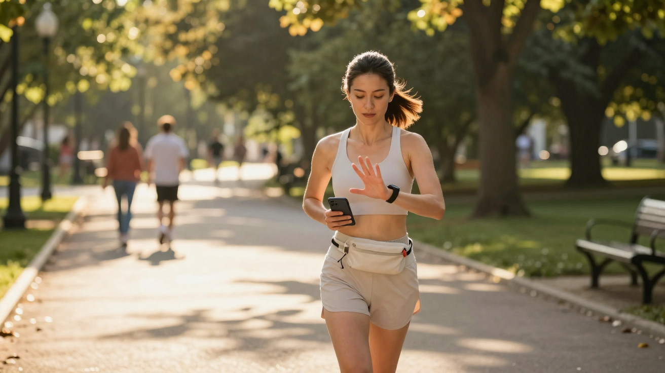 Junge Frau joggt im Park, schaut auf Smartphone und Smartwatch, Sommertag mit Sonnenlicht und Bäumen im Hintergrund.
