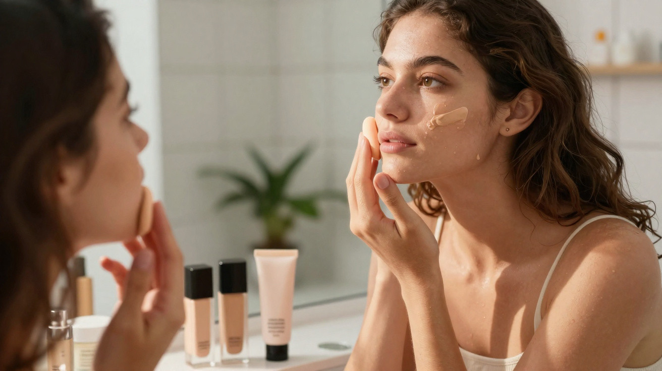 Frau trägt Make-up mit Schwamm im Bad vor Spiegel auf ihr Gesicht auf.
