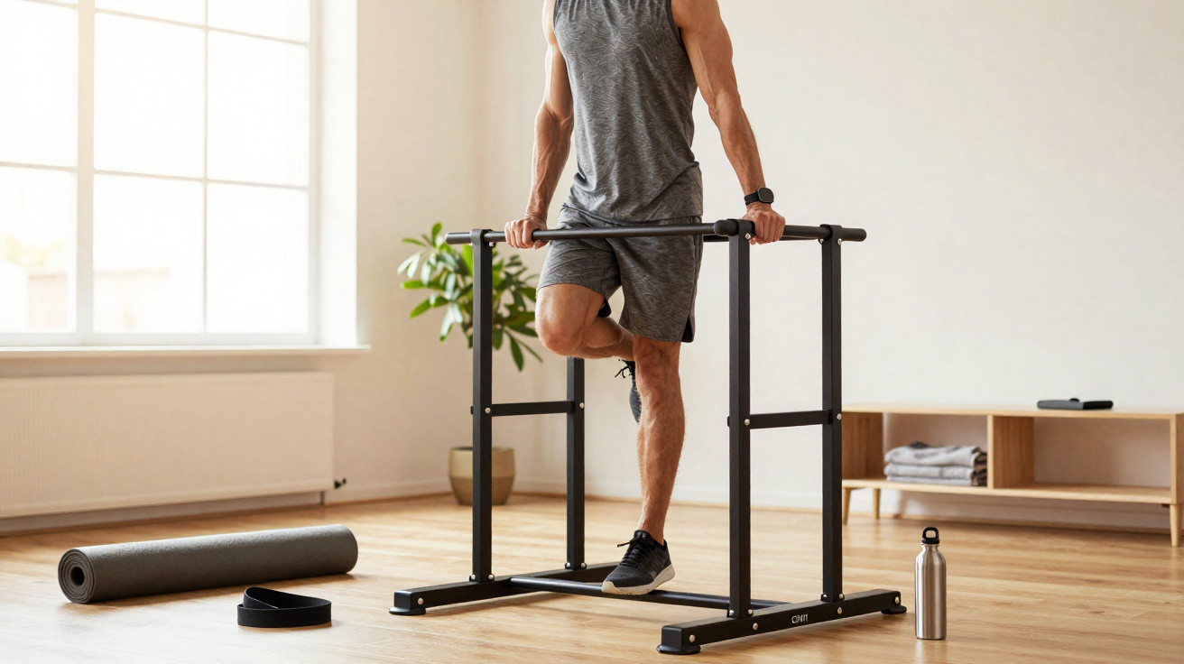 Mann in Sportkleidung trainiert Beinheben an Fitness-Dip-Barren in hellem Raum mit Sportmatte und Flasche.