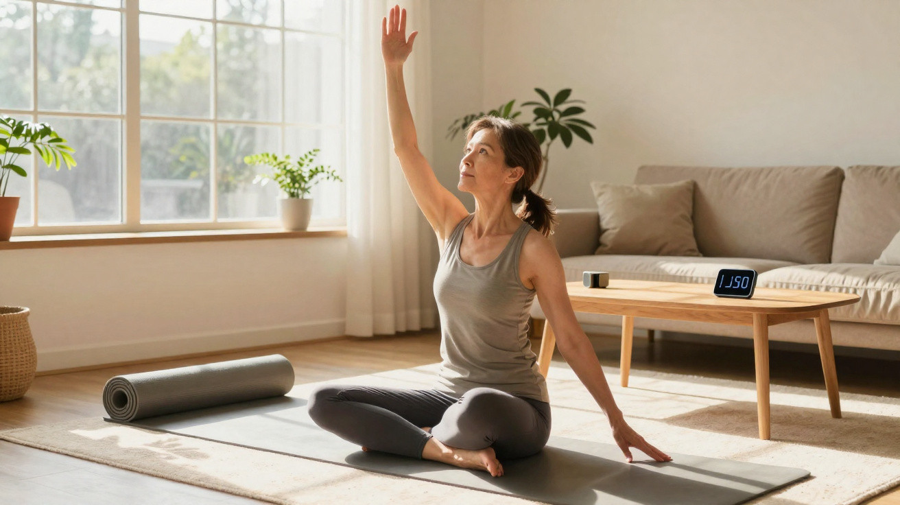 Frau praktiziert Yoga im Wohnzimmer auf Matte, ausgestreckter Arm, entspanntes und helles Ambiente.