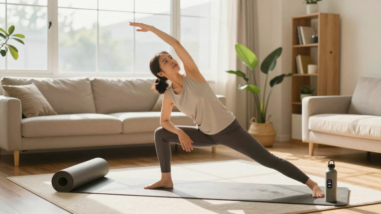 Frau praktiziert Yoga im Wohnzimmer auf Matte, umgeben von Sofas, Pflanzen und Wasserflasche.