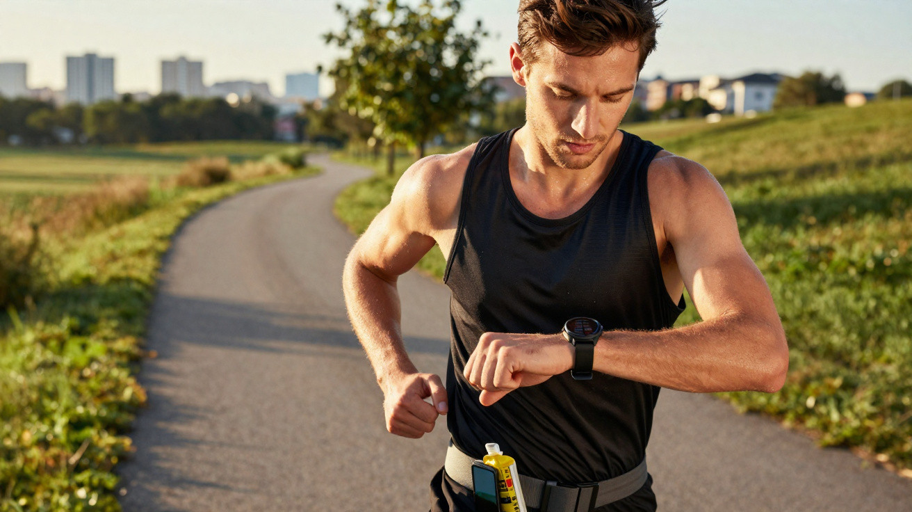Mann beim Joggen auf einem Weg in der Natur, schaut auf seine Sportuhr, trägt Laufgürtel.
