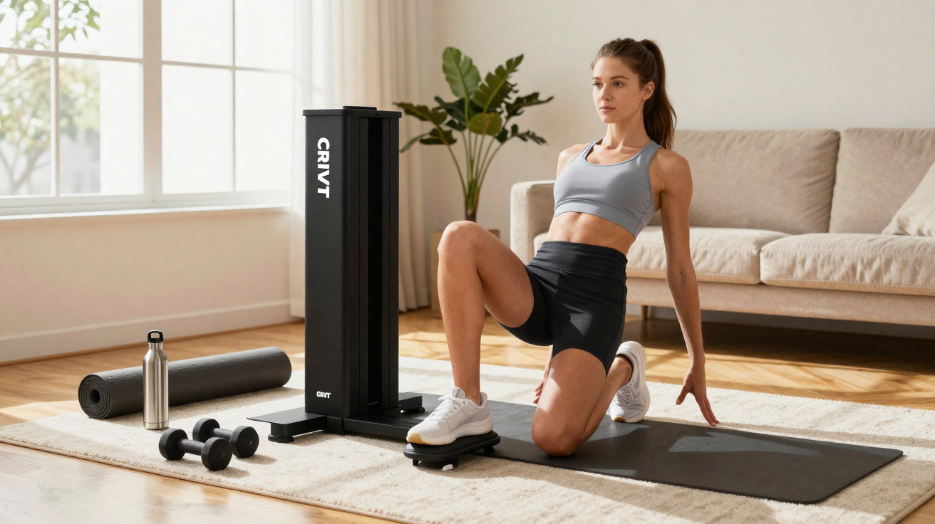 Frau macht Knie-Dehnübung auf Matte im Wohnzimmer mit Trainingsgeräten und Sofa im Hintergrund.