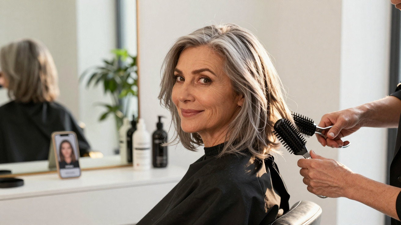 Ältere Frau lächelt im Friseursalon, Haare werden mit Bürsten gestylt, Spiegel im Hintergrund.
