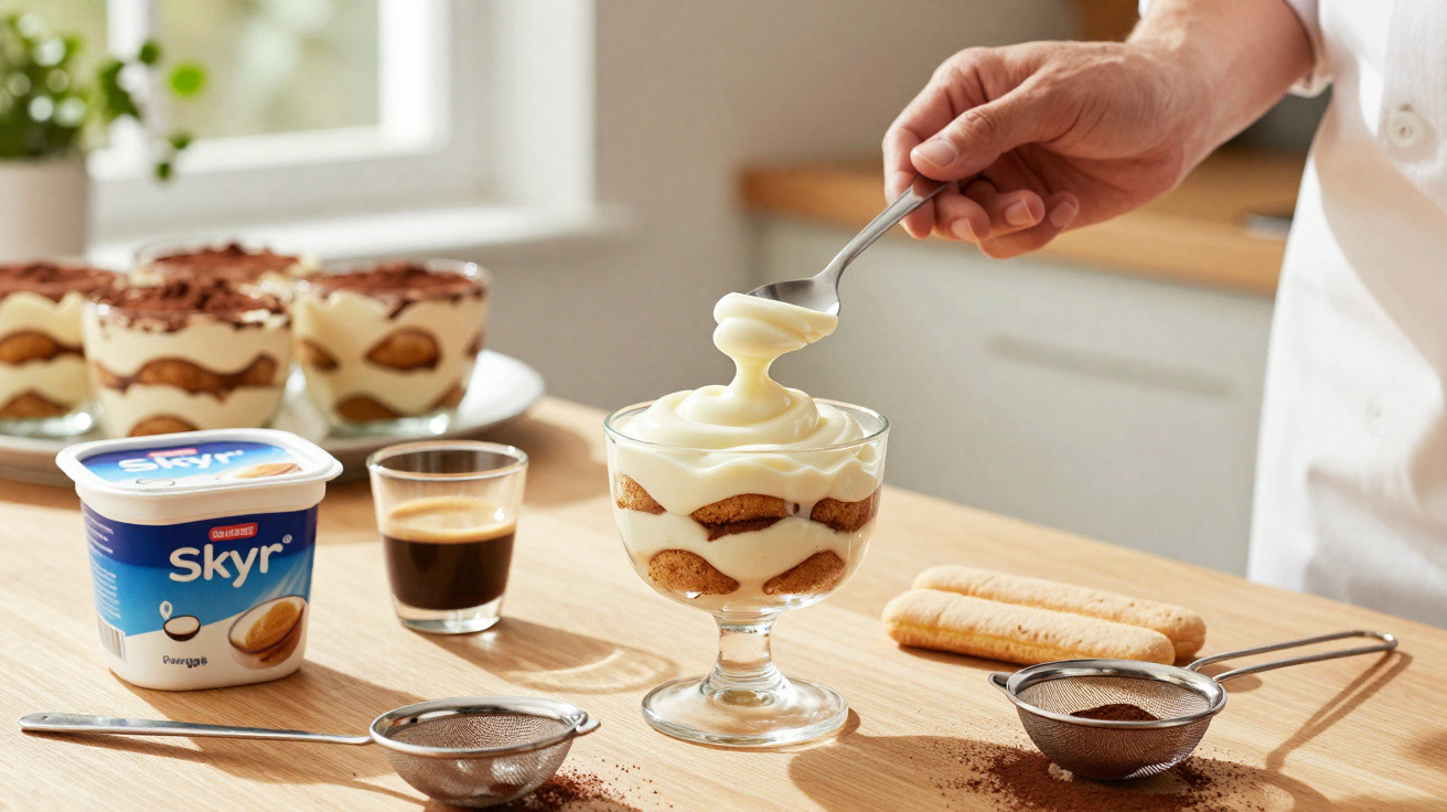 Hand hält Löffel mit cremigem Dessert aus Skyr, Löffelbiskuits und Kaffee auf Holztisch im Sonnenlicht.