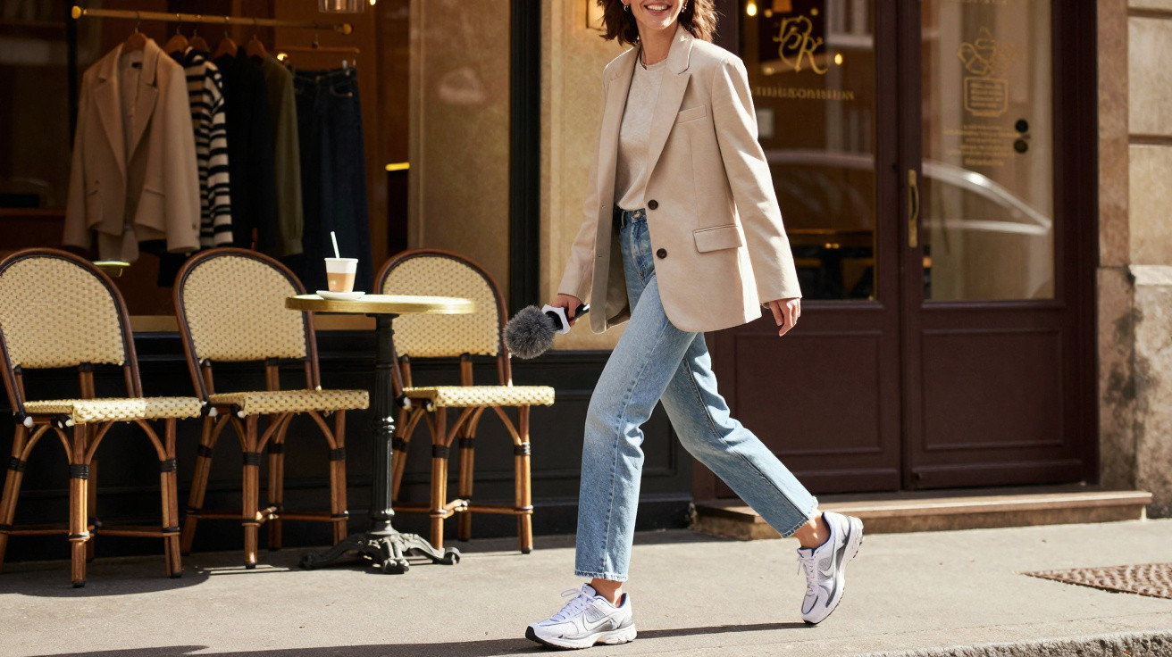 Frau in Beige-Blazer und Jeans geht lachend an Café mit Stühlen und Tisch im Freien vorbei.
