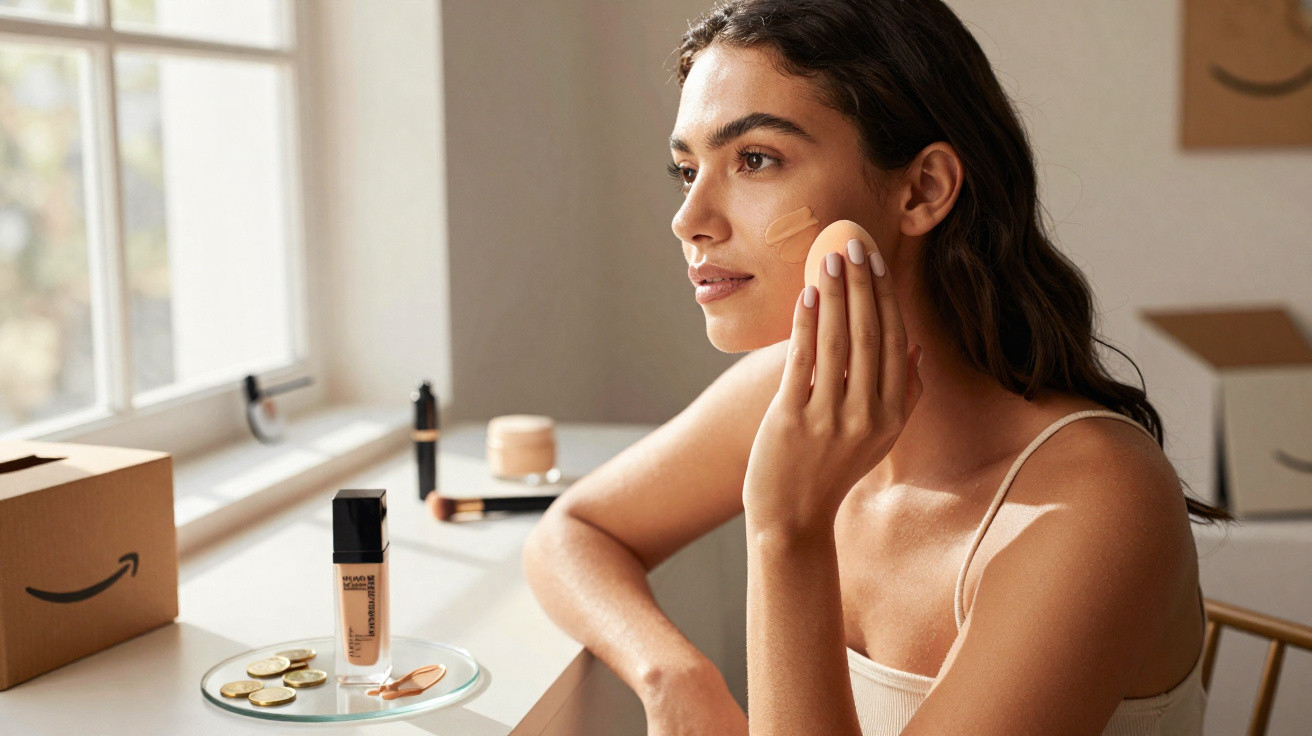 Frau trägt Make-up mit Schwamm auf, Make-up-Produkte und Amazon-Paket im Hintergrund auf Tisch.