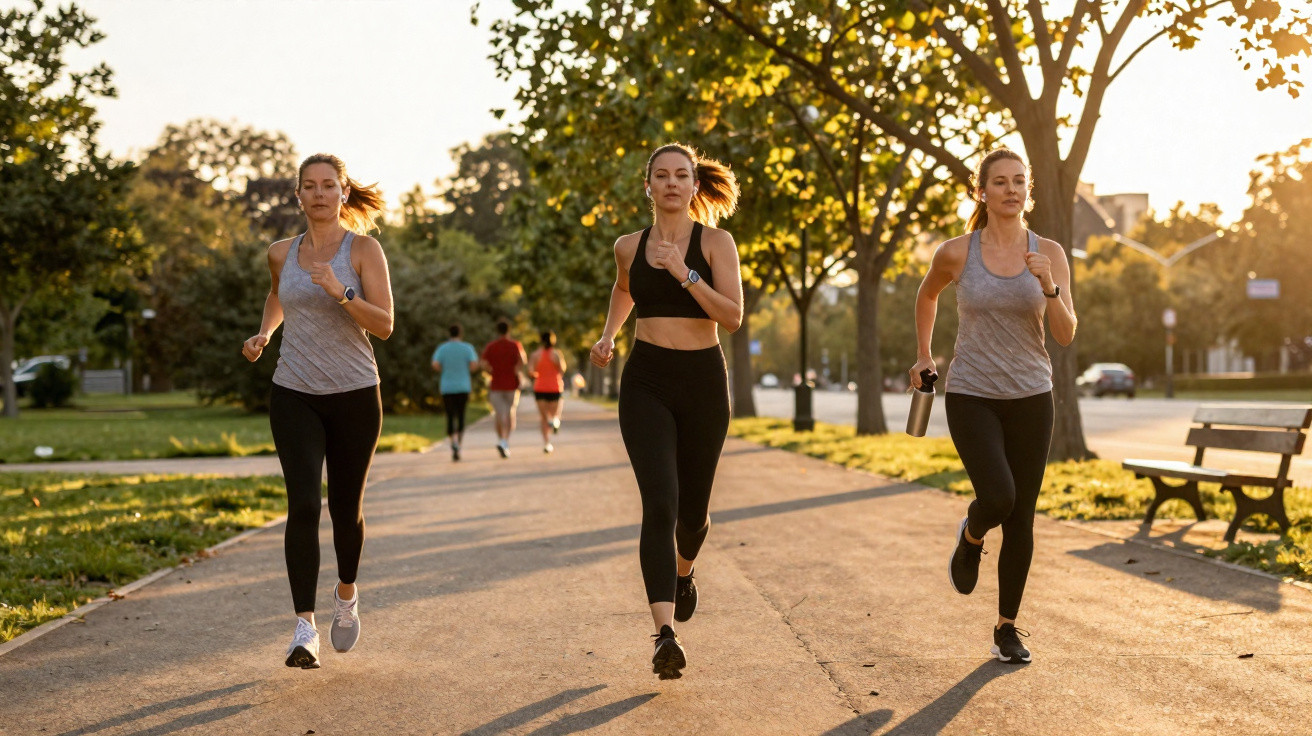 Drei Frauen joggen bei Sonnenuntergang auf einem Weg in einem Park mit Bänken und Bäumen.