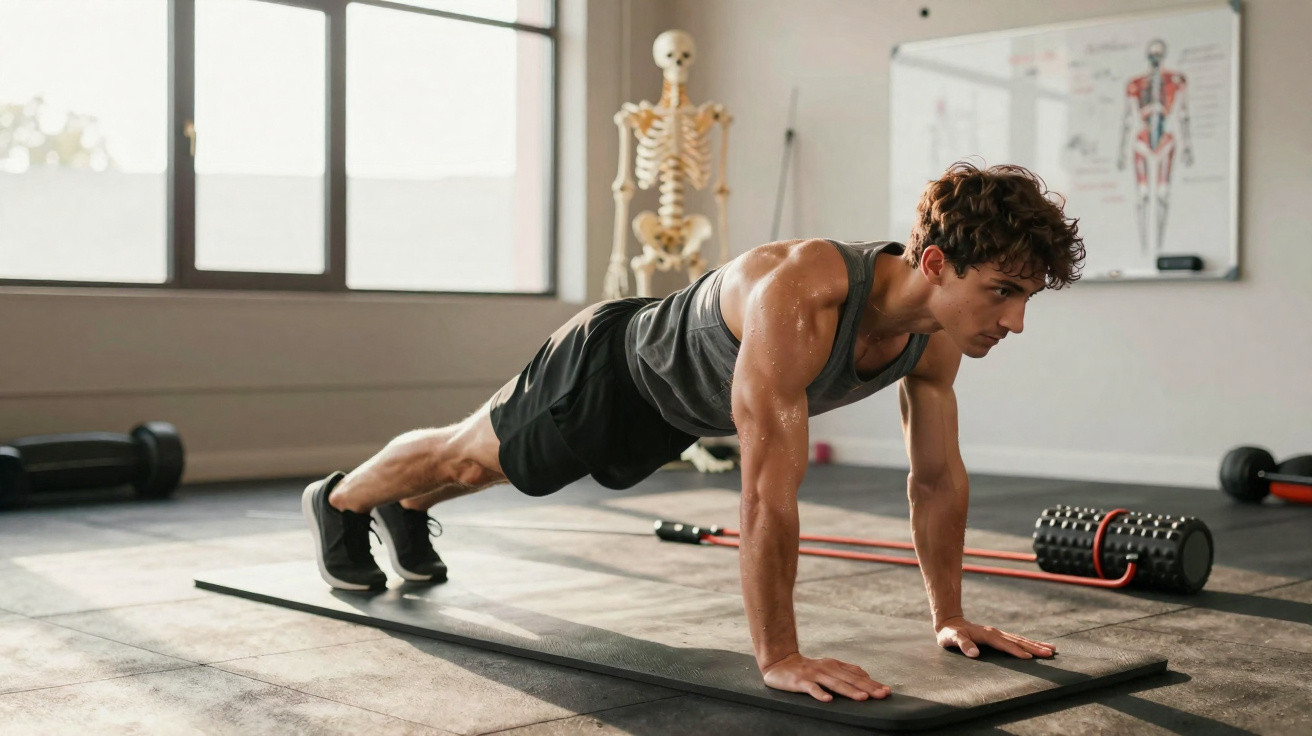 Junger Mann macht Liegestütze auf Matte in hellem Fitnessraum mit Skelettmodell im Hintergrund.